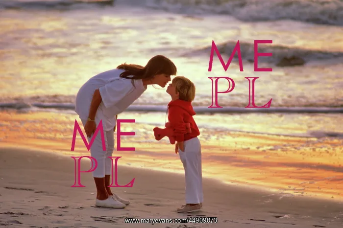 : Mother Bending to Kiss Son on Forehead While Walking on B : Mother Bending to Kiss Son on Forehead While Walking on B