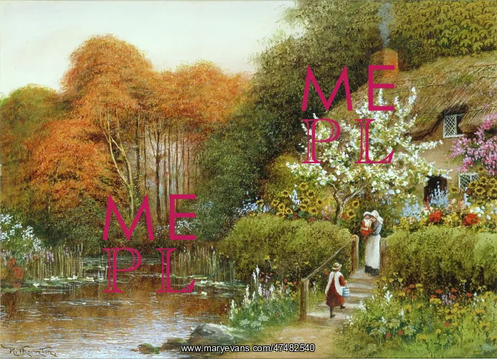 : Mother and children in front of a cottage : Mother and children in front of a cottage