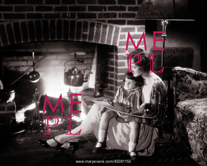 : Mother and Daughter Sit Together on Floor Before Warm Fire : Mother and Daughter Sit Together on Floor Before Warm Fire