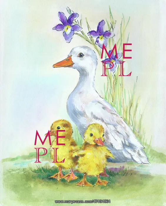  : Mother duck with two ducklings and irises