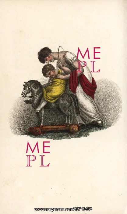 : Mother giving her child a riding lesson : Mother giving her child a riding lesson