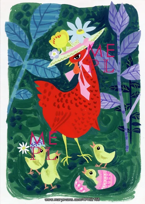  : Mother hen with four hatching chicks