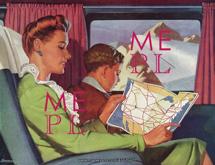  : Mother looks at Map as Son looks out Plane Window