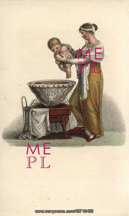 : Mother putting her baby into a bath : Mother putting her baby into a bath
