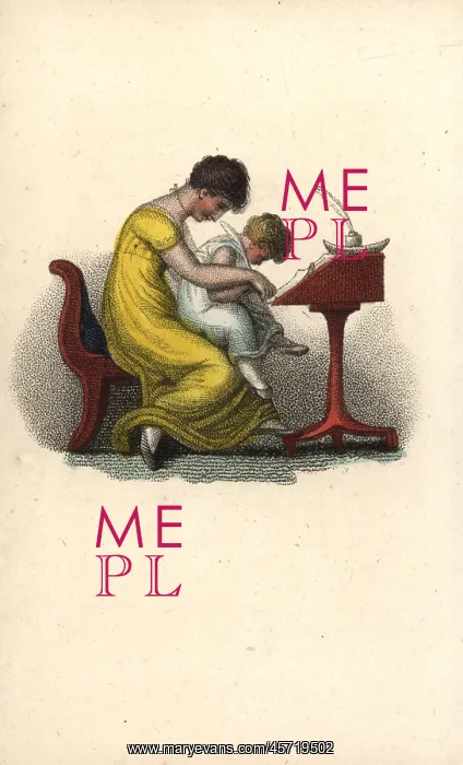 : Mother teaching her child to write at a writing desk : Mother teaching her child to write at a writing desk