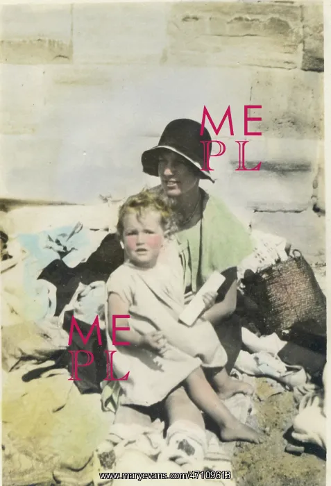 : Mother and toddler on the beach at Bognor Regis, 1920s : Mother and toddler on the beach at Bognor Regis, 1920s