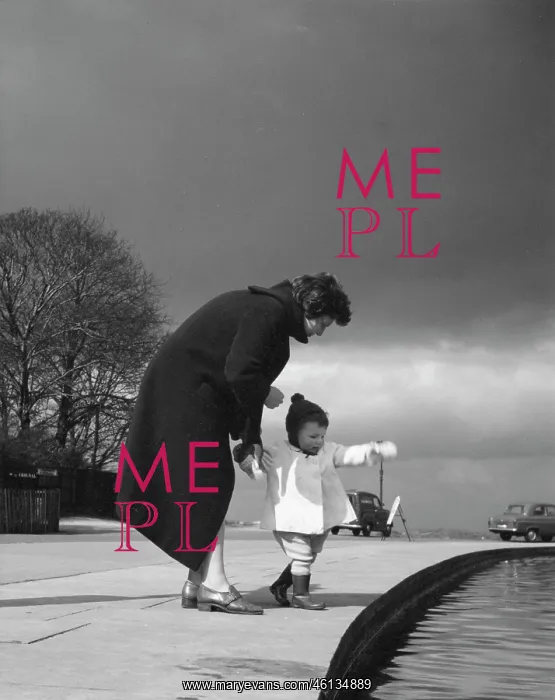: Mother and toddler looking at a pond : Mother and toddler looking at a pond