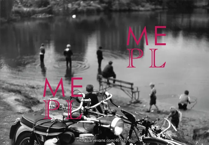 : Motorcycle, bicycles and their owners at the pond : Motorcycle, bicycles and their owners at the pond