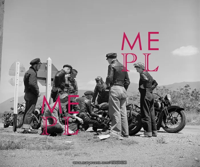 : Motorcycle party stopped for roadside repairs : Motorcycle party stopped for roadside repairs