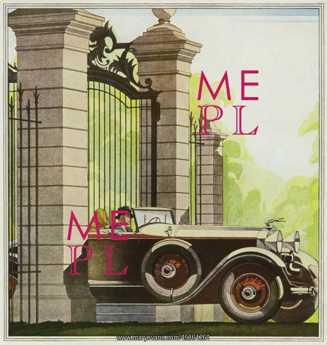  : Motoring. Illustration of open top Jaguar car driving through grand gates
