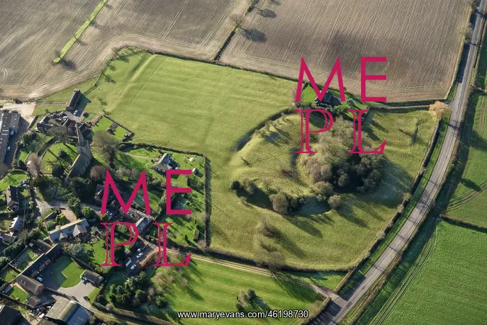 : Motte and bailey castle and ridge and furrow cultivation : Motte and bailey castle and ridge and furrow cultivation