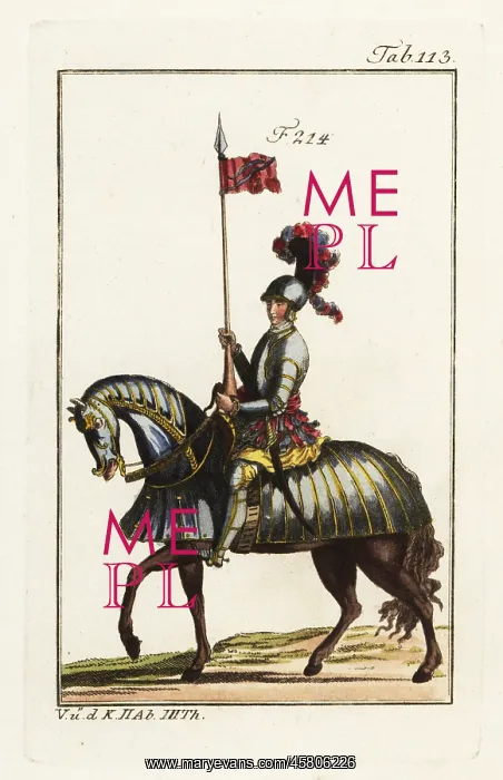 : A mounted ensign in plate armor holding a standard : A mounted ensign in plate armor holding a standard