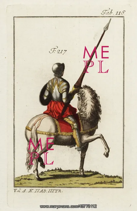 : Mounted equerry in full armor with lance, shield and helmet : Mounted equerry in full armor with lance, shield and helmet