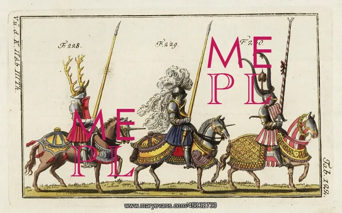 : Three mounted knights in armor for different tournaments : Three mounted knights in armor for different tournaments