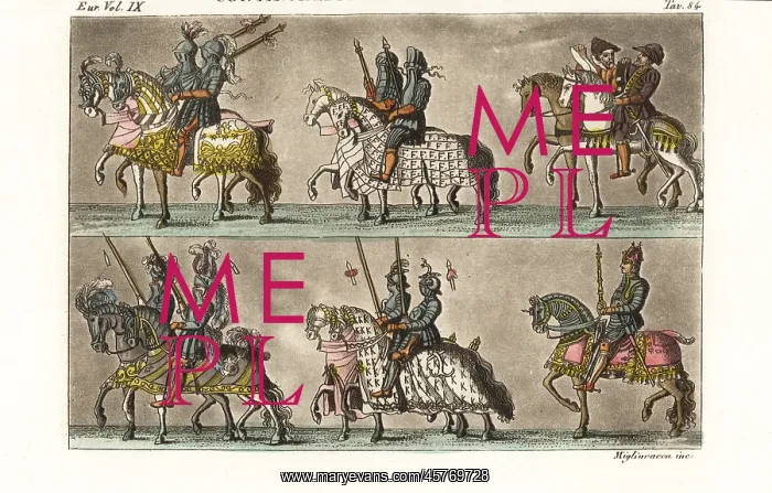 : Mounted knights in armour in a procession, 15thC tournament : Mounted knights in armour in a procession, 15thC tournament