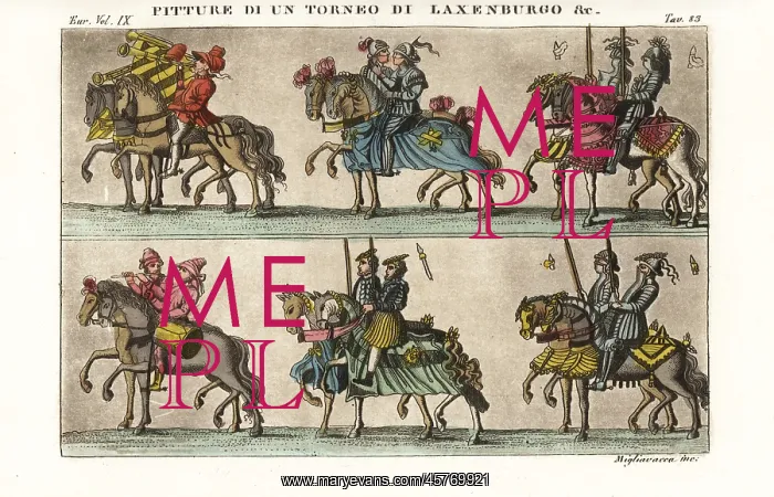 : Mounted knights in armour in a procession, 15thC tournament : Mounted knights in armour in a procession, 15thC tournament