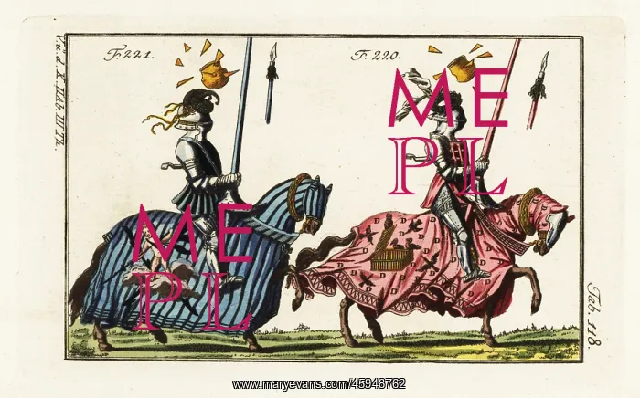 : Two mounted knights in jousting armor for a medieval course : Two mounted knights in jousting armor for a medieval course