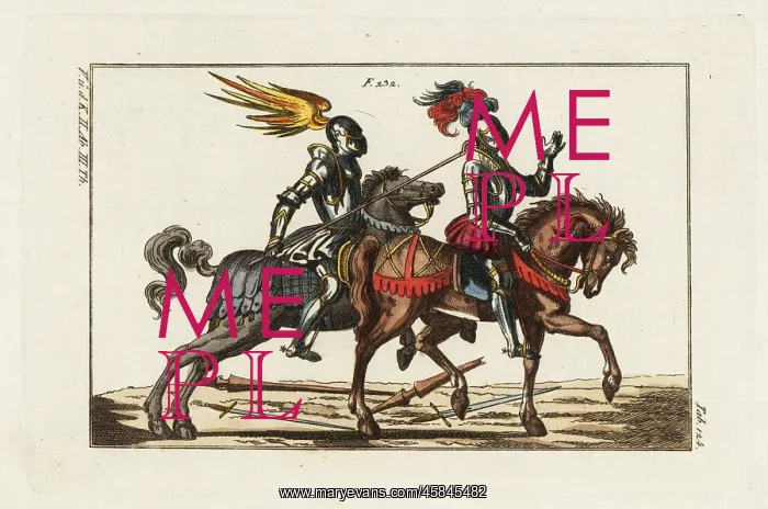 : Two mounted knights in a tournament duel with a hook : Two mounted knights in a tournament duel with a hook