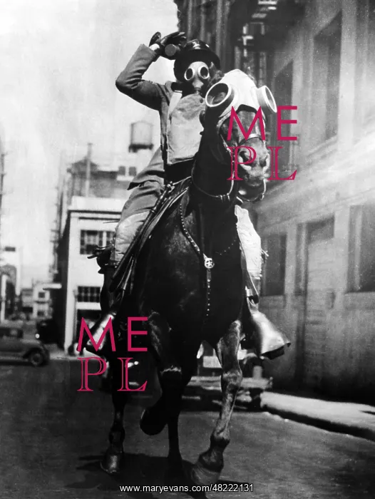 : Mounted policeman with accouterment for use of teargas i : Mounted policeman with accouterment for use of teargas i