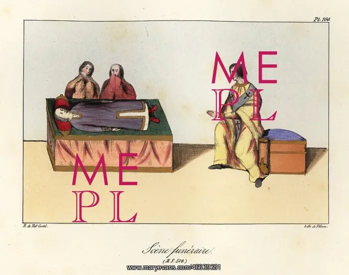 : Two mourners praying over a dead body on a bier : Two mourners praying over a dead body on a bier
