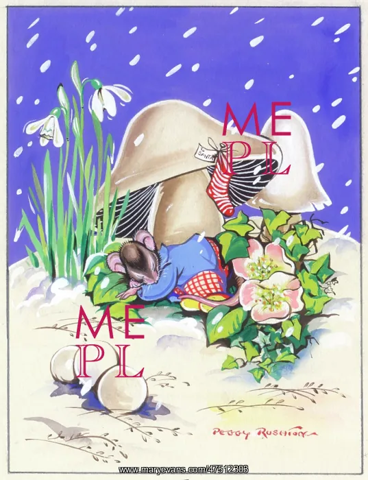 : Mouse asleep under toadstool with snow falling : Mouse asleep under toadstool with snow falling