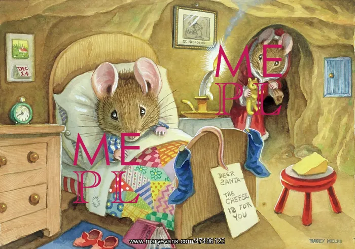 : Mouse in bed with Christmas stockings : Mouse in bed with Christmas stockings