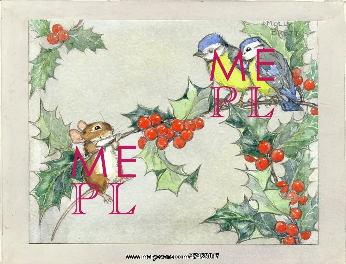 : A mouse dangles off of a holly tree branch : A mouse dangles off of a holly tree branch