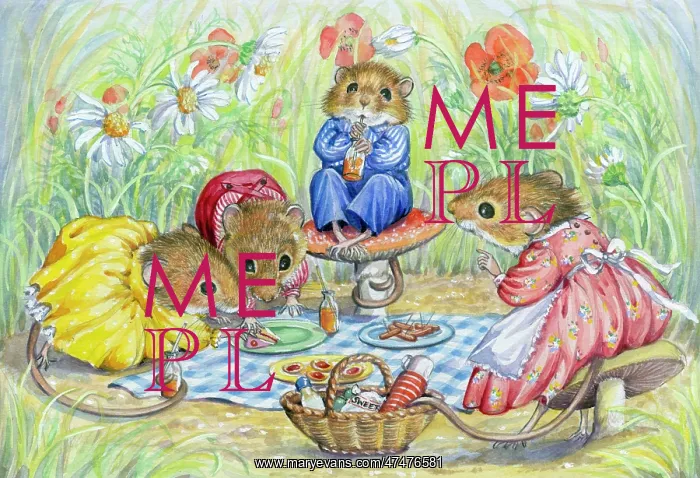 : Mouse picnic - three young mice and mother : Mouse picnic - three young mice and mother
