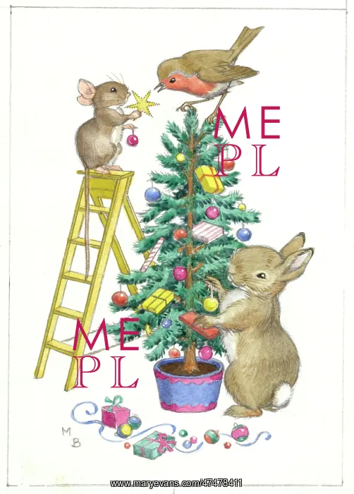 : Mouse and rabbit decorating Christmas tree : Mouse and rabbit decorating Christmas tree