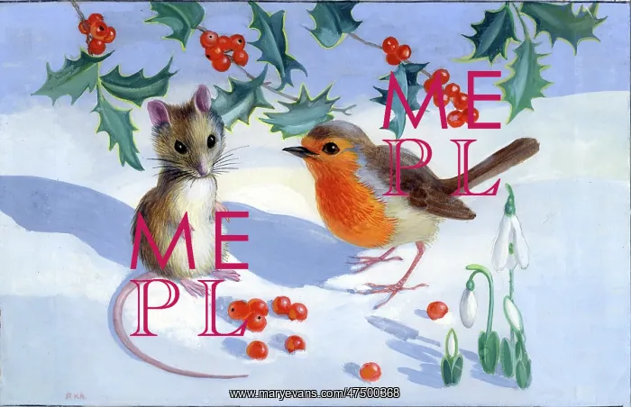 : Mouse and Robin with holly berries : Mouse and Robin with holly berries