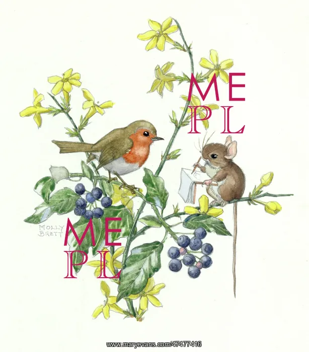 : Mouse sitting on winter jasmine sketching robin : Mouse sitting on winter jasmine sketching robin