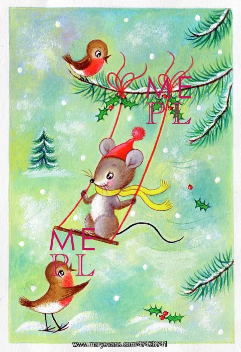 : Mouse on swing with two robins in the snow
