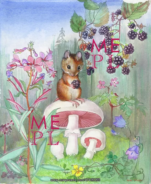 : Mouse on a toadstool with a blackberry : Mouse on a toadstool with a blackberry