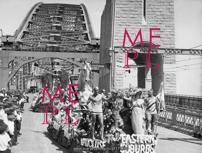 : Moving over the opened Harbour Bridge in Sydney, 1932 : Moving over the opened Harbour Bridge in Sydney, 1932