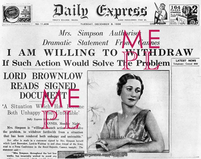 : Mrs Simpson offers to withdraw, 8 December 1936 : Mrs Simpson offers to withdraw, 8 December 1936