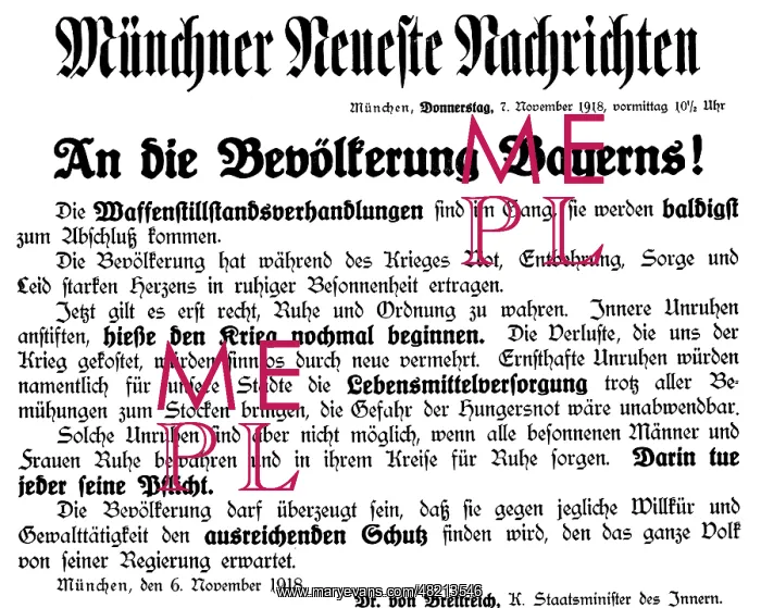 : Munich newspaper notification from the last days of war, 191 : Munich newspaper notification from the last days of war, 191