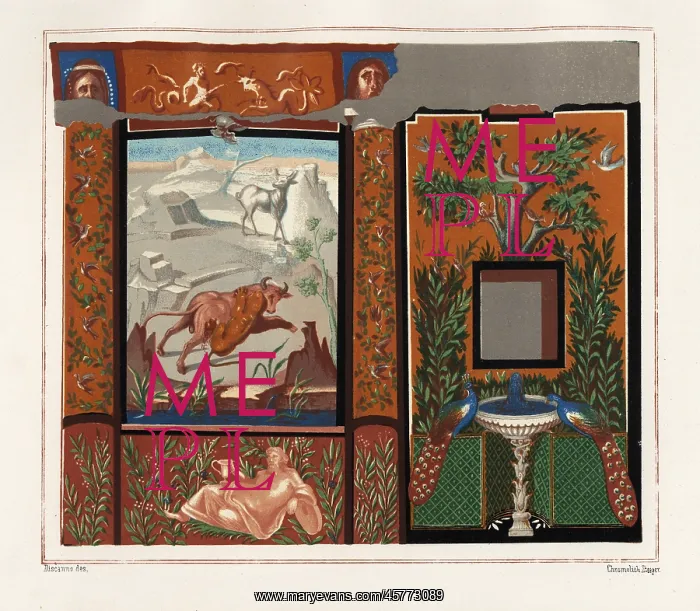 : Mural in a viridarium of a tiger attacking : Mural in a viridarium of a tiger attacking