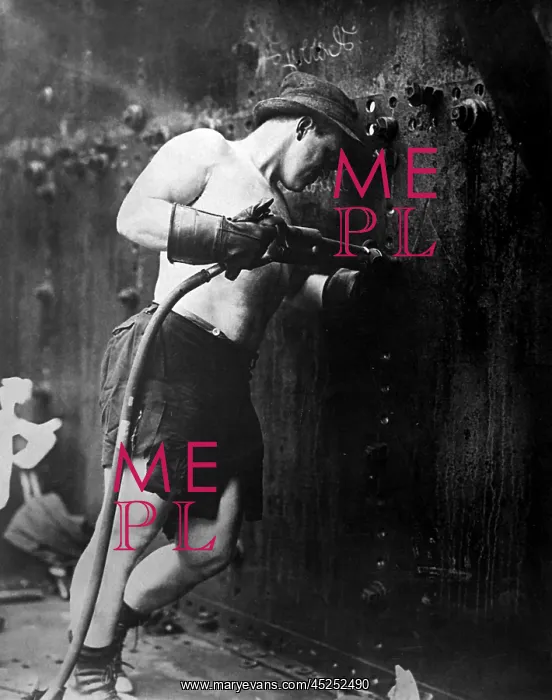 : Muscular riveter at work at Hog Island Shipyard : Muscular riveter at work at Hog Island Shipyard