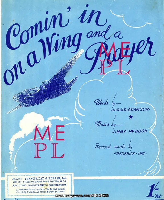 : Music cover, Comin in on a Wing and a Prayer, WW2 : Music cover, Comin in on a Wing and a Prayer, WW2