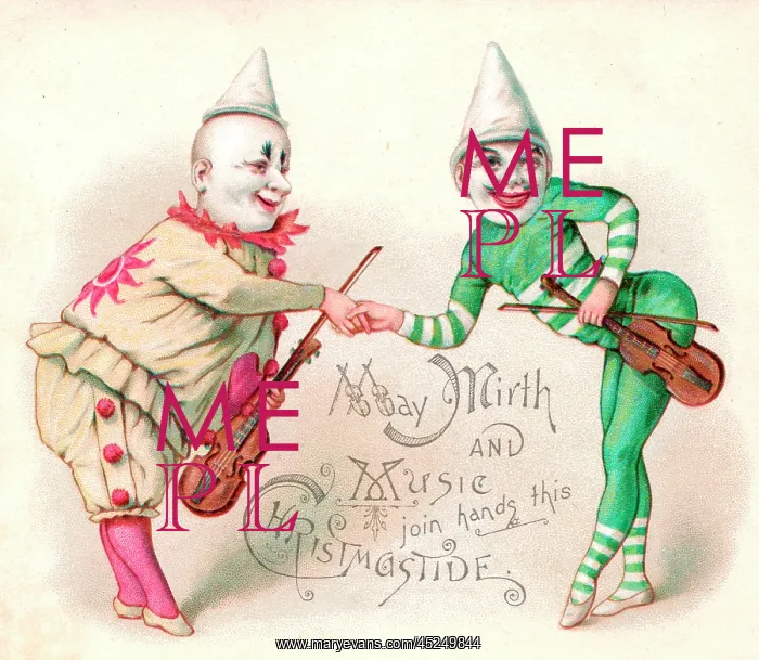 : Two musical clowns on a Christmas card : Two musical clowns on a Christmas card