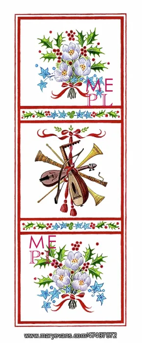  : Musical instruments and sprays of holly & ivy