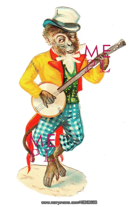 : Musical monkey on a Victorian scrap : Musical monkey on a Victorian scrap