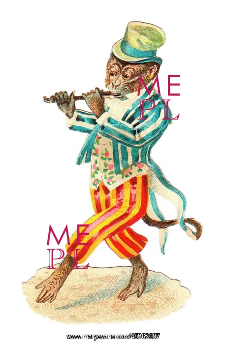 : Musical monkey on a Victorian scrap : Musical monkey on a Victorian scrap