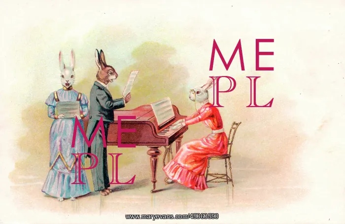 : Musical rabbits with piano on a greetings postcard : Musical rabbits with piano on a greetings postcard
