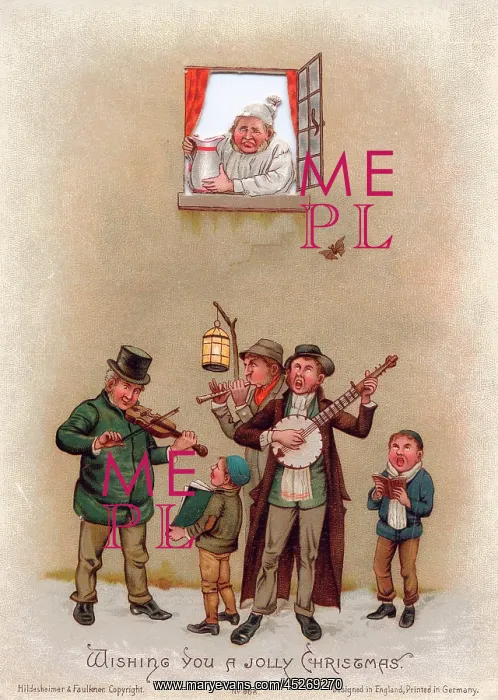 : Musicians in the snow on a Christmas card : Musicians in the snow on a Christmas card