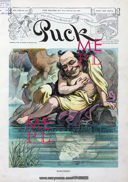 : Narcissus. Illustration shows William Jennings Bryan as Narcissus sitting : Narcissus. Illustration shows William Jennings Bryan as Narcissus sitting
