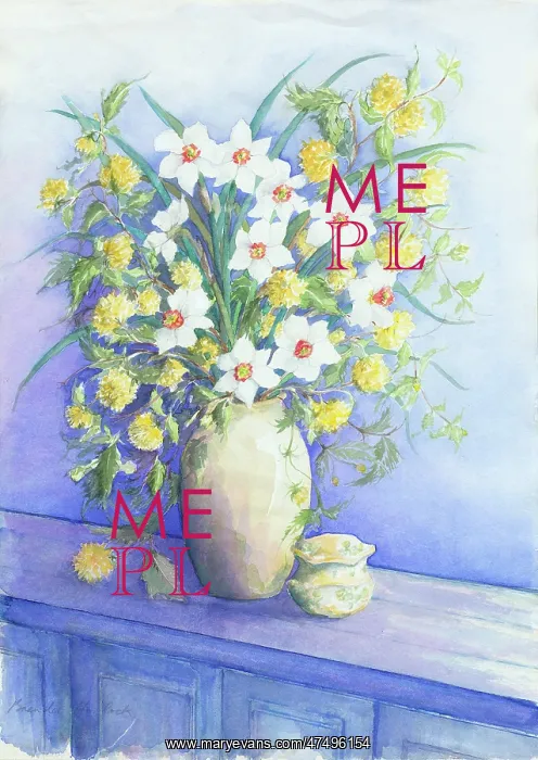  : Narcissus and Kerria in a cream vase