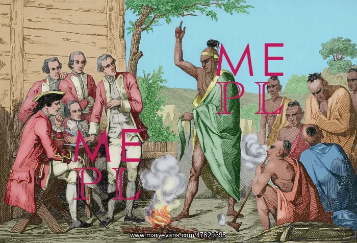 : Native American council and conquistadors meet around fire : Native American council and conquistadors meet around fire