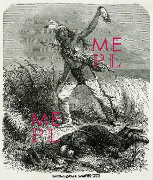 : Native American scalping a soldier after killing him : Native American scalping a soldier after killing him