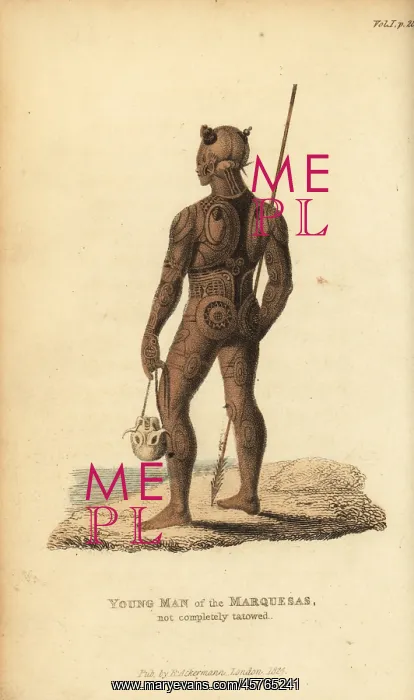 : Native man of Nuku Hiva with spear and skull : Native man of Nuku Hiva with spear and skull